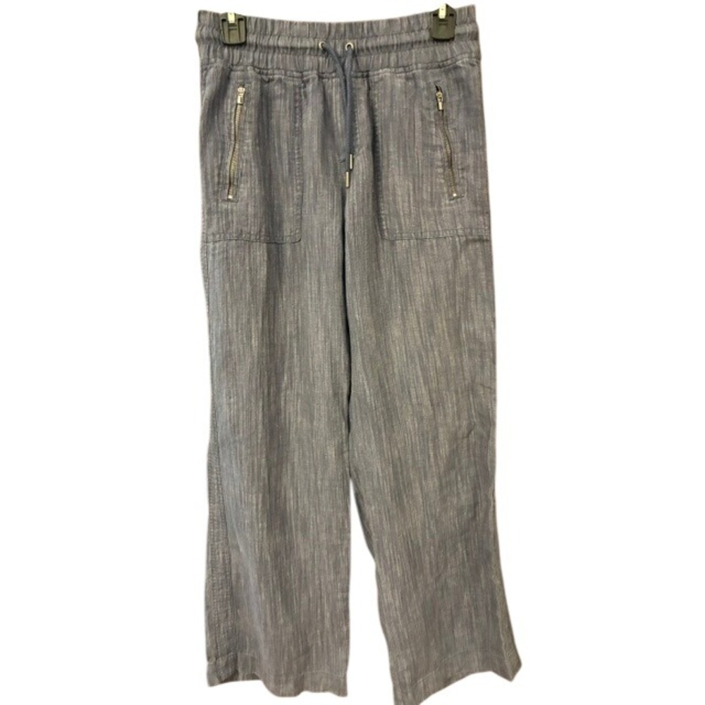 Athleta Cabo Linen Textured Wide Leg Pants Women 6 Navy Excellent Drawstring